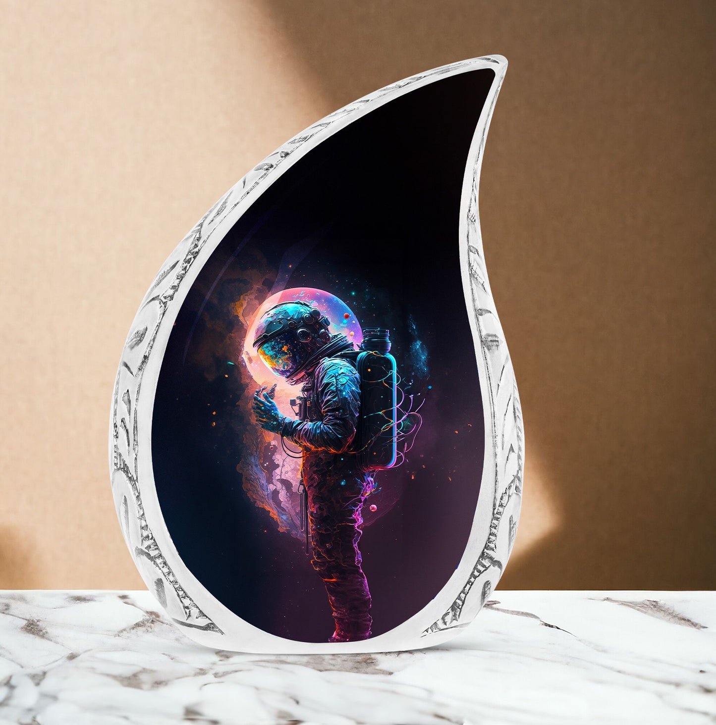 Large Astronaut Digital Art Burial urn, a unique cremation container for ashes of adults