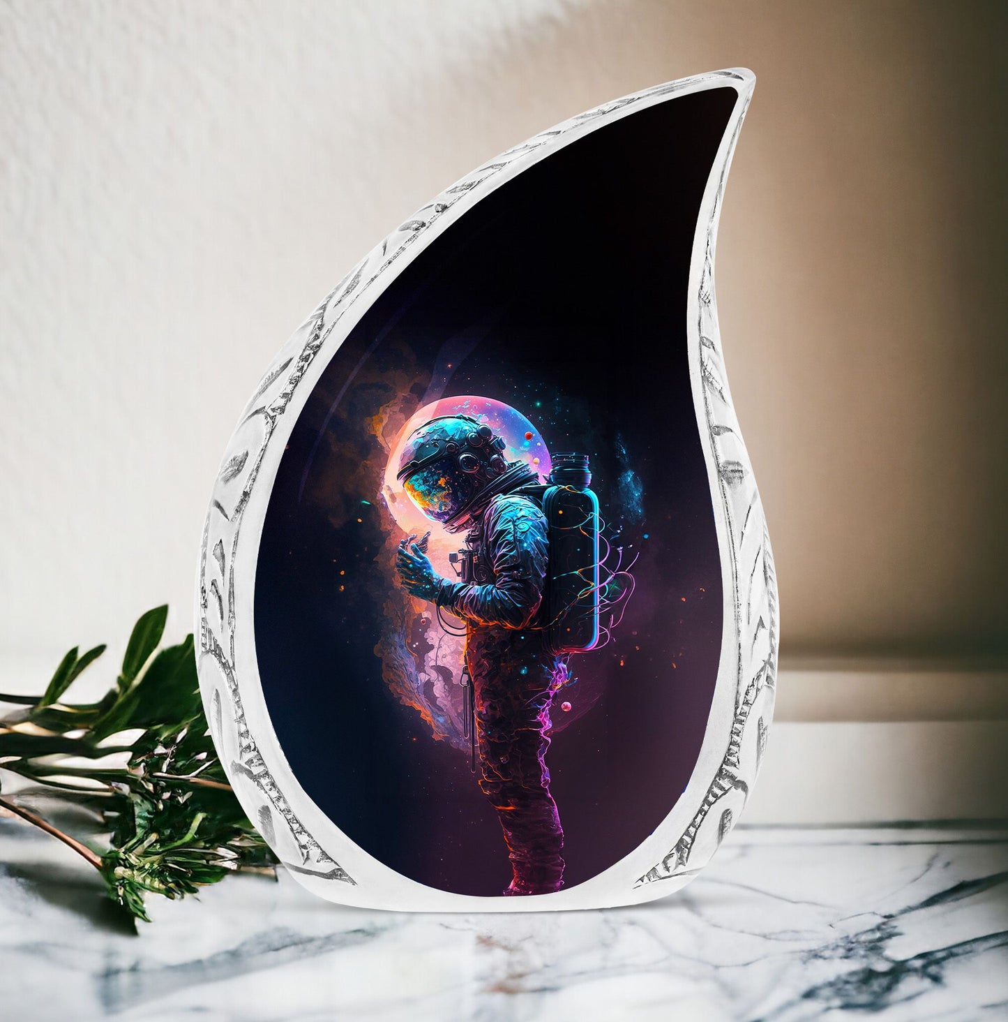 Large Astronaut Digital Art Burial urn, a unique cremation container for ashes of adults