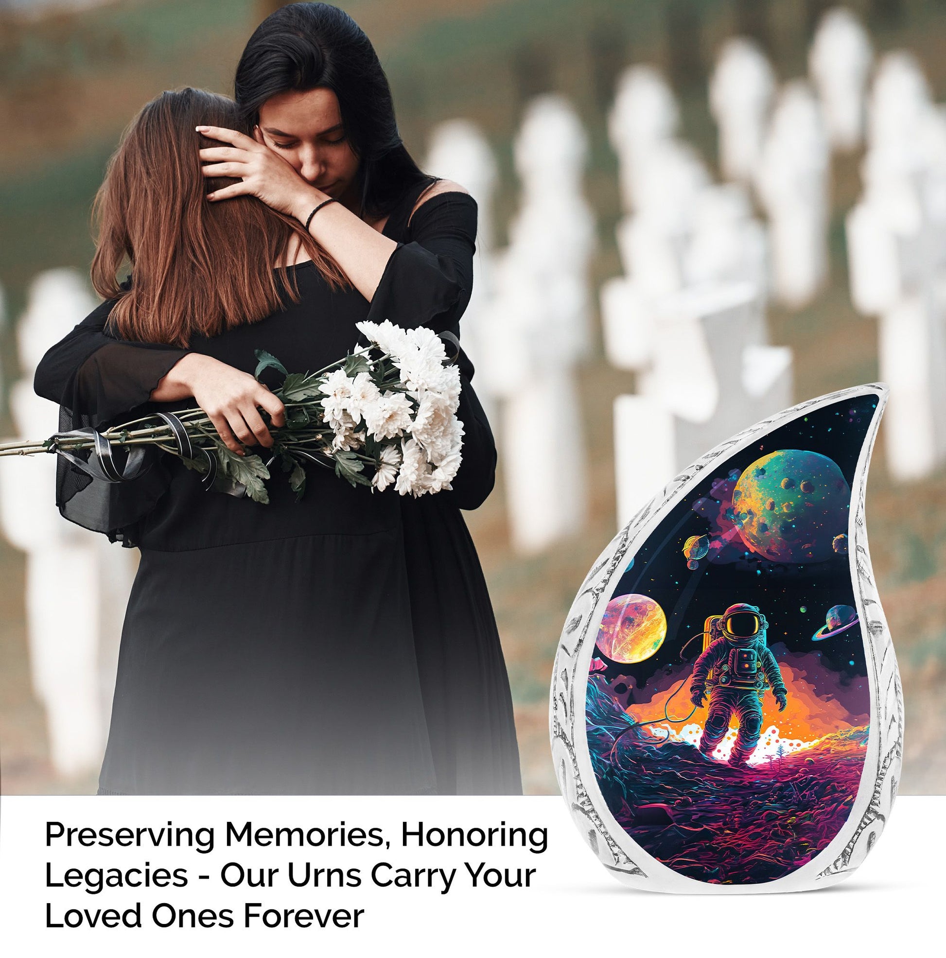 Large urn with astronaut space walk design, ideal for adult human ashes, suitable as a memorial or funeral ash holder