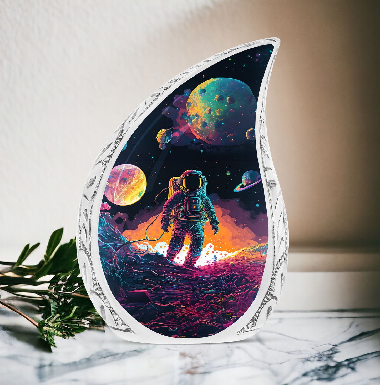 Large urn with astronaut space walk design, ideal for adult human ashes, suitable as a memorial or funeral ash holder