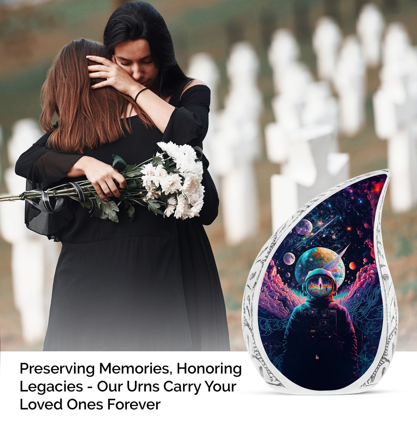 Large urn for adult male ashes featuring space scene with astronaut, ideal for funeral or cremation