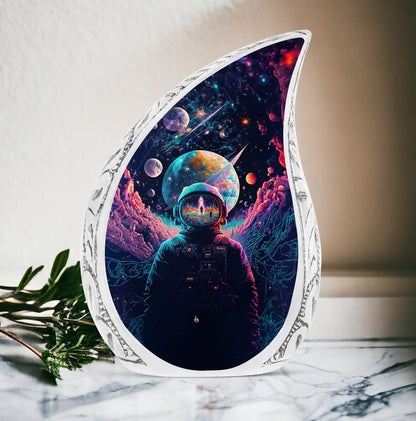 Large urn for adult male ashes featuring space scene with astronaut, ideal for funeral or cremation