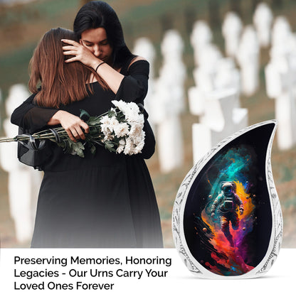 Large urn for human ashes featuring an illustration of an astronaut with a rainbow, ideal for adult burial or cremation.
