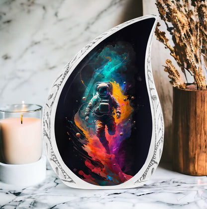 Large urn for human ashes featuring an illustration of an astronaut with a rainbow, ideal for adult burial or cremation.