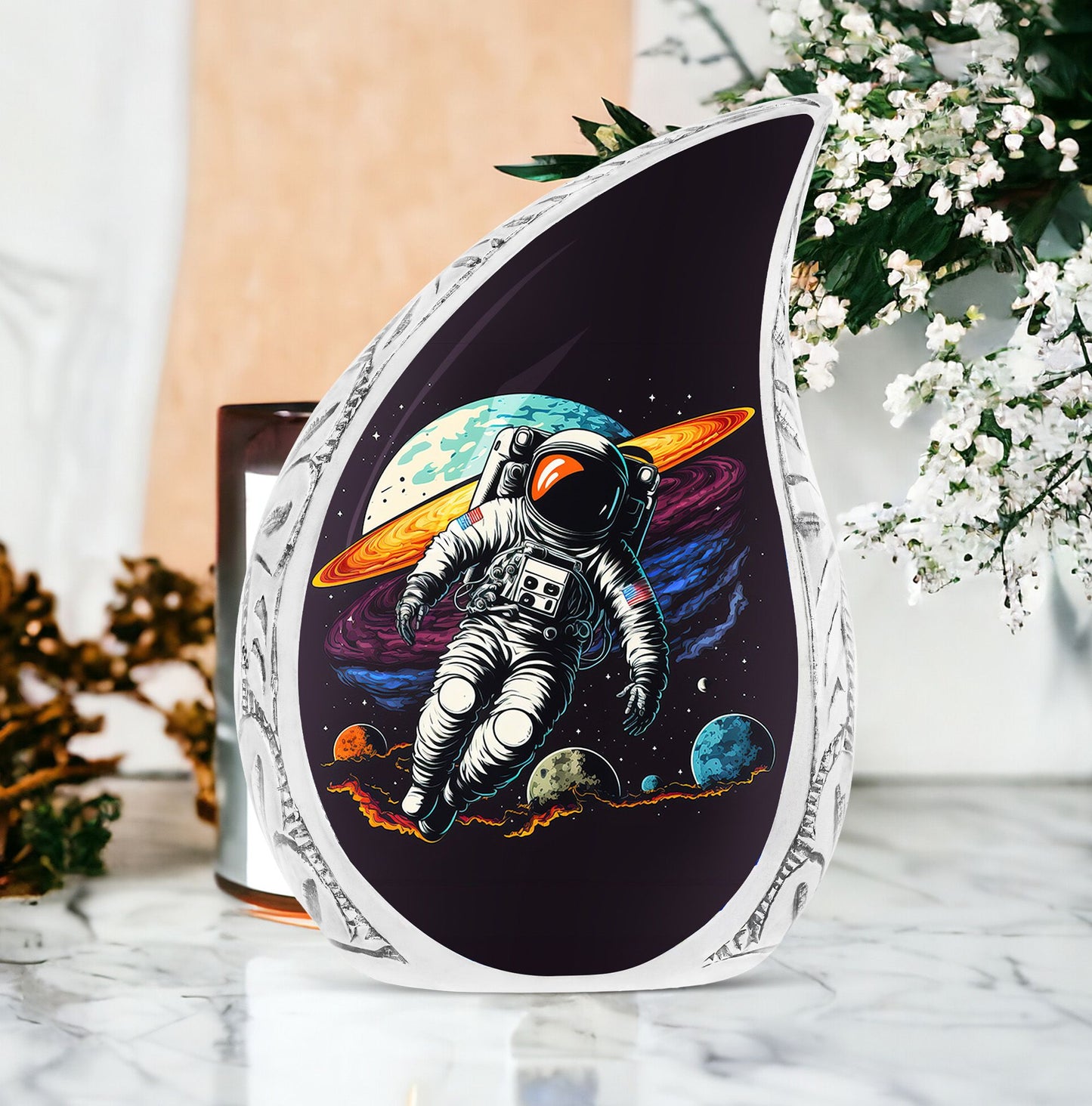 Decorative large urn with astronaut space illustration, suitable for human ashes