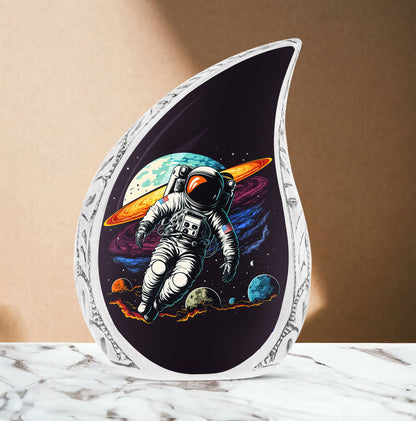 Decorative large urn with astronaut space illustration, suitable for human ashes
