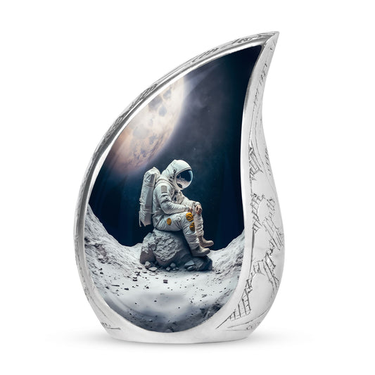 Large Astronaut Suit inspired Cremation Companion Urn, sitting on cracked stone, ideal for Adult men's ashes