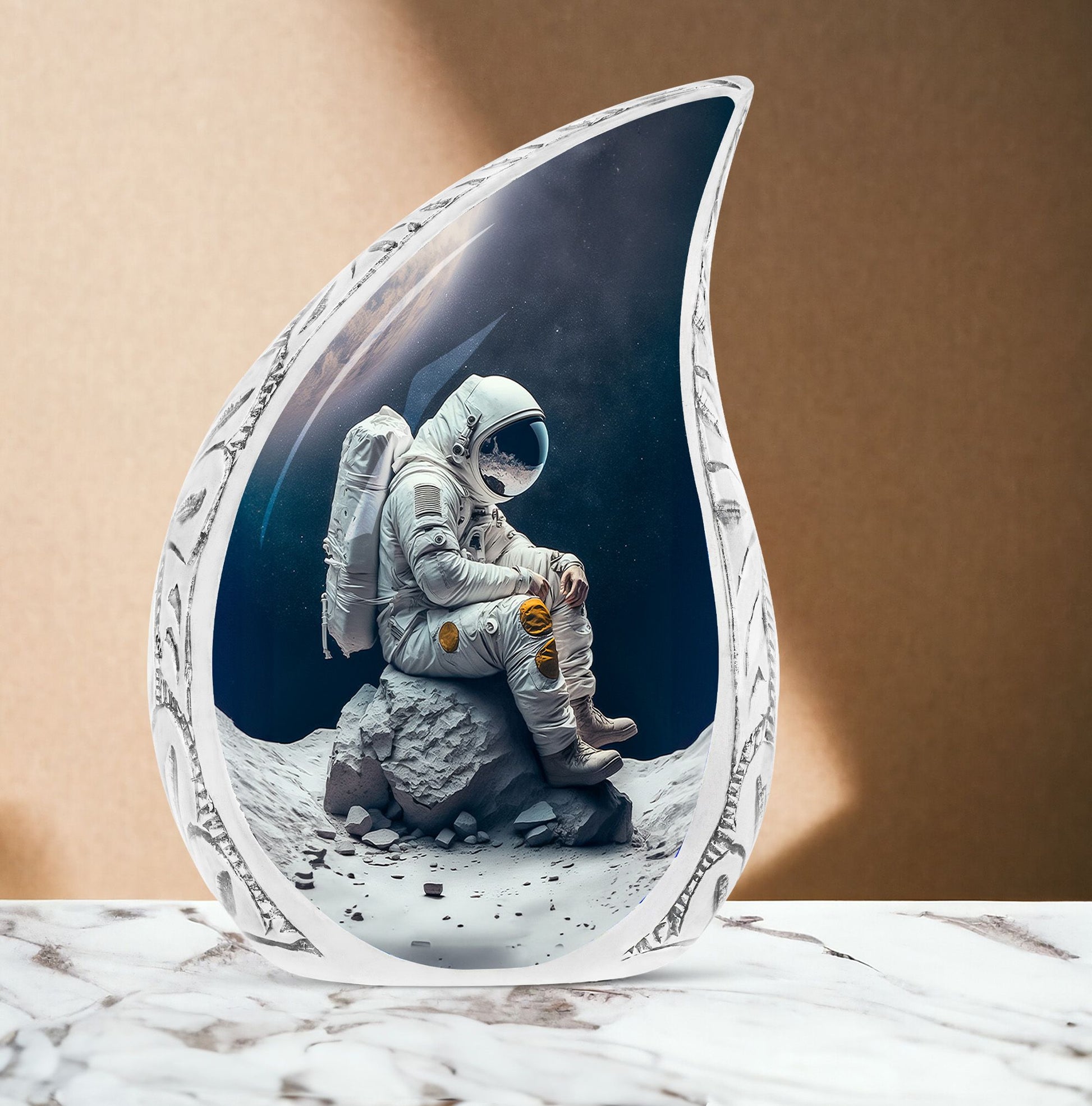 Large Astronaut Suit inspired Cremation Companion Urn, sitting on cracked stone, ideal for Adult men's ashes
