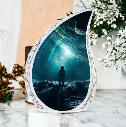 Large cremation urn with astronaut amidst a blue galaxy design, unique metal container for adult human ashes