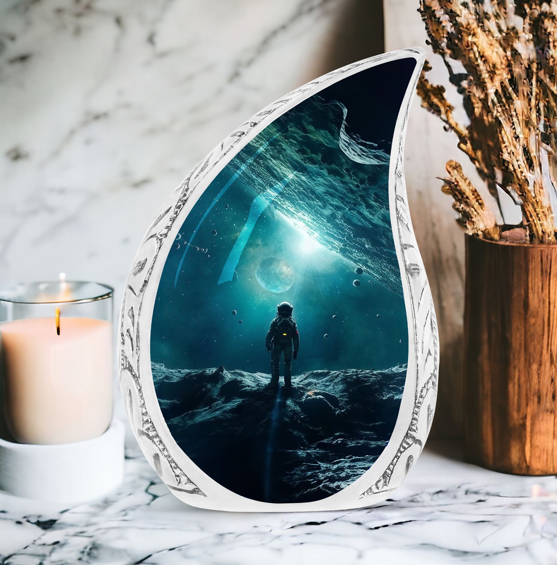 Large cremation urn with astronaut amidst a blue galaxy design, unique metal container for adult human ashes