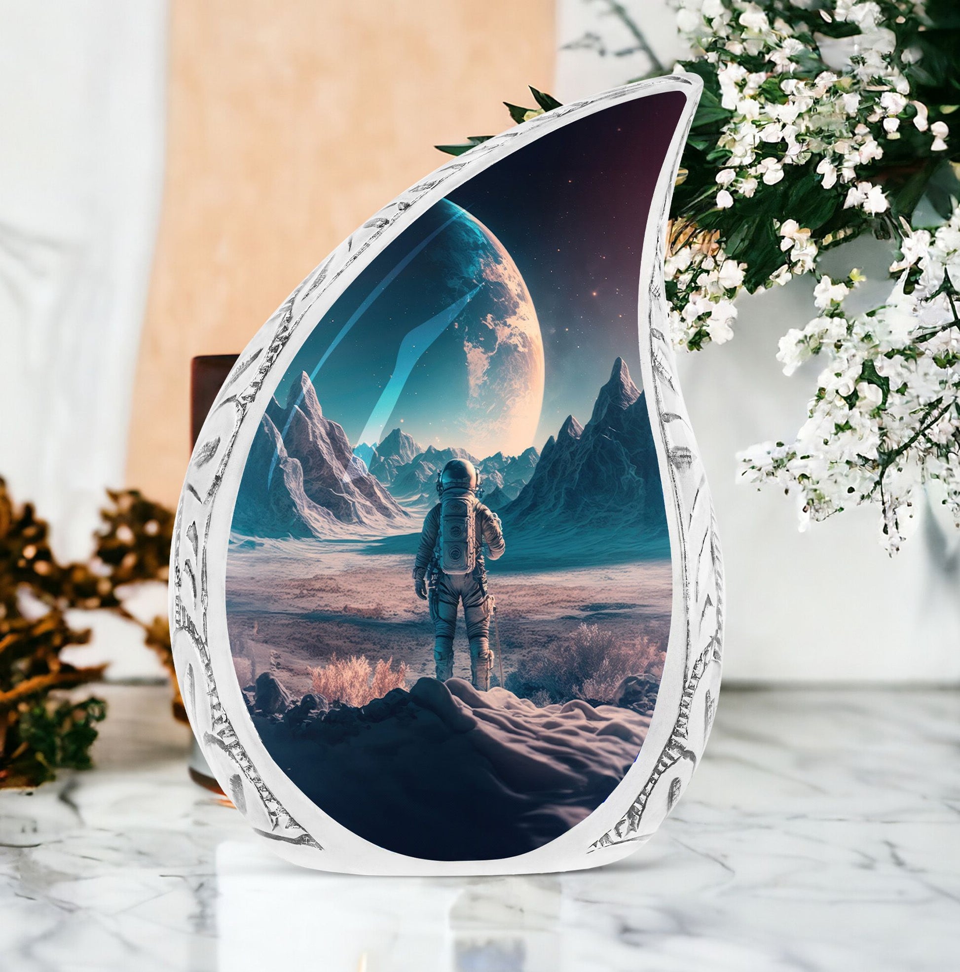 Beautiful atmosphere cosmonaut space-themed large urn for adult male human ashes, suitable for funeral decorations