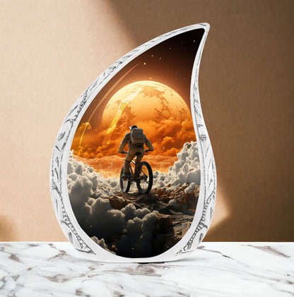 Large decorative urn for ashes featuring an astronaut riding a bike, ideal for a unique and personal memorial