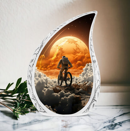 Large decorative urn for ashes featuring an astronaut riding a bike, ideal for a unique and personal memorial