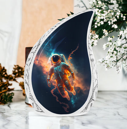 Large metal urn for adult human ashes featuring astronaut lost in space design