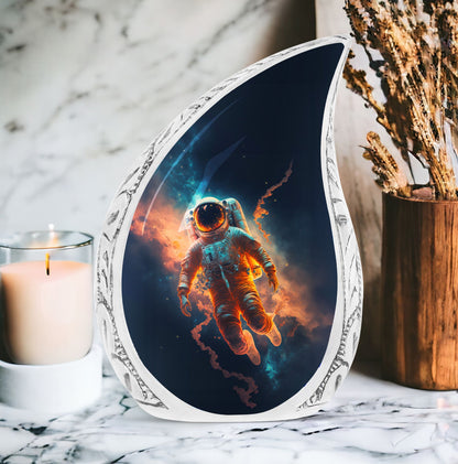 Large metal urn for adult human ashes featuring astronaut lost in space design