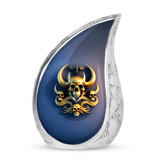 Gold skull with horns urn for human ashes on blue background, suitable for adults
