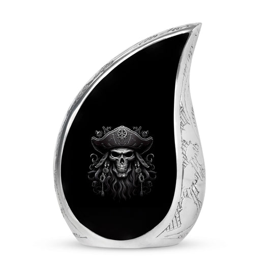 Large skull pirates logo tattoo t-shirt urn for adults, a unique metal cremation urn for human ashes