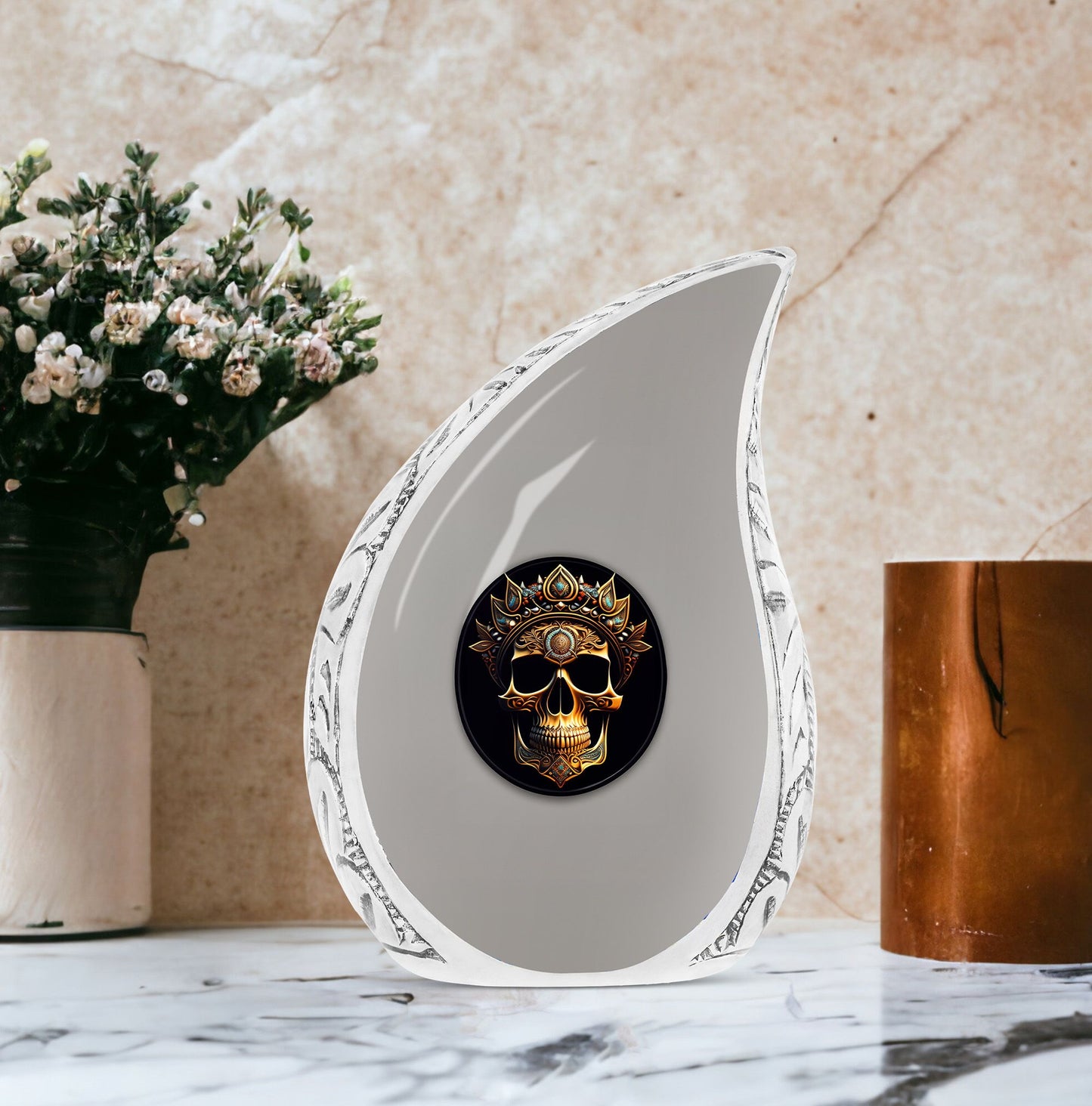 Large Decorative Urn for Ashes with Crown Flower motif, Perfect Memorial for Men