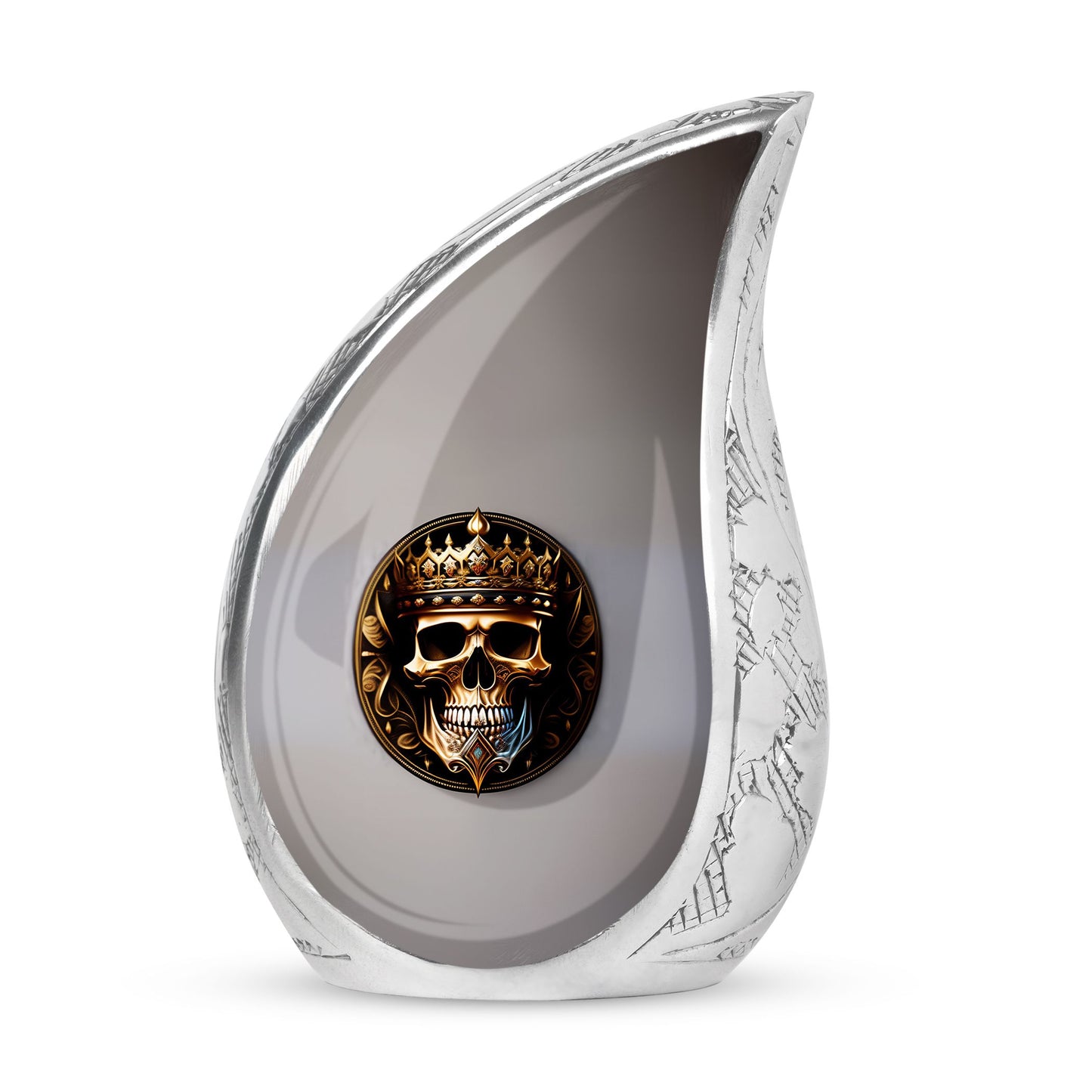 Large metal cremation urn for adults, featuring a skull with a crown design