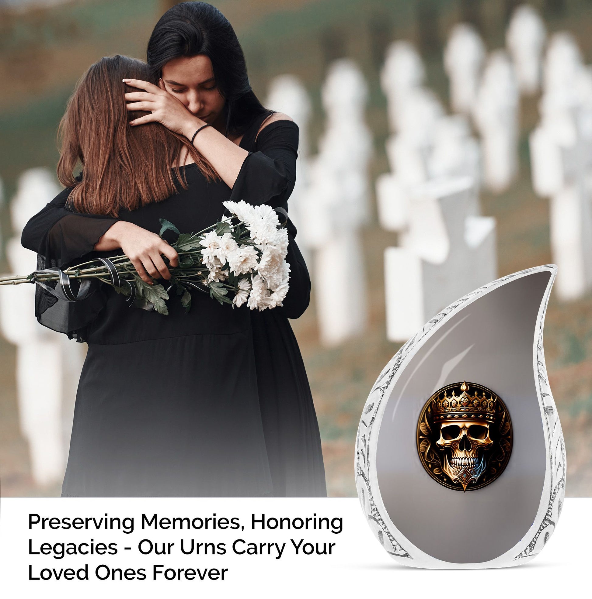 Large metal cremation urn for adults, featuring a skull with a crown design