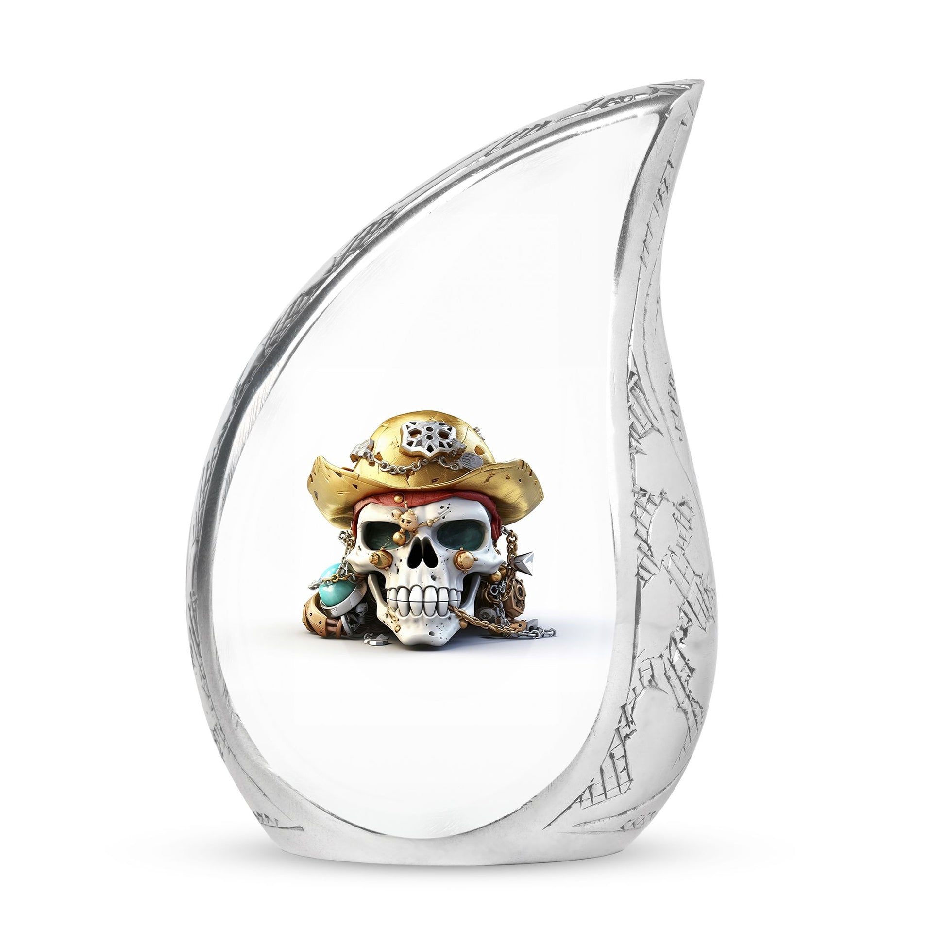 Large metal cremation urn featuring a skull with gold hat chain, ideal for women's burial purposes