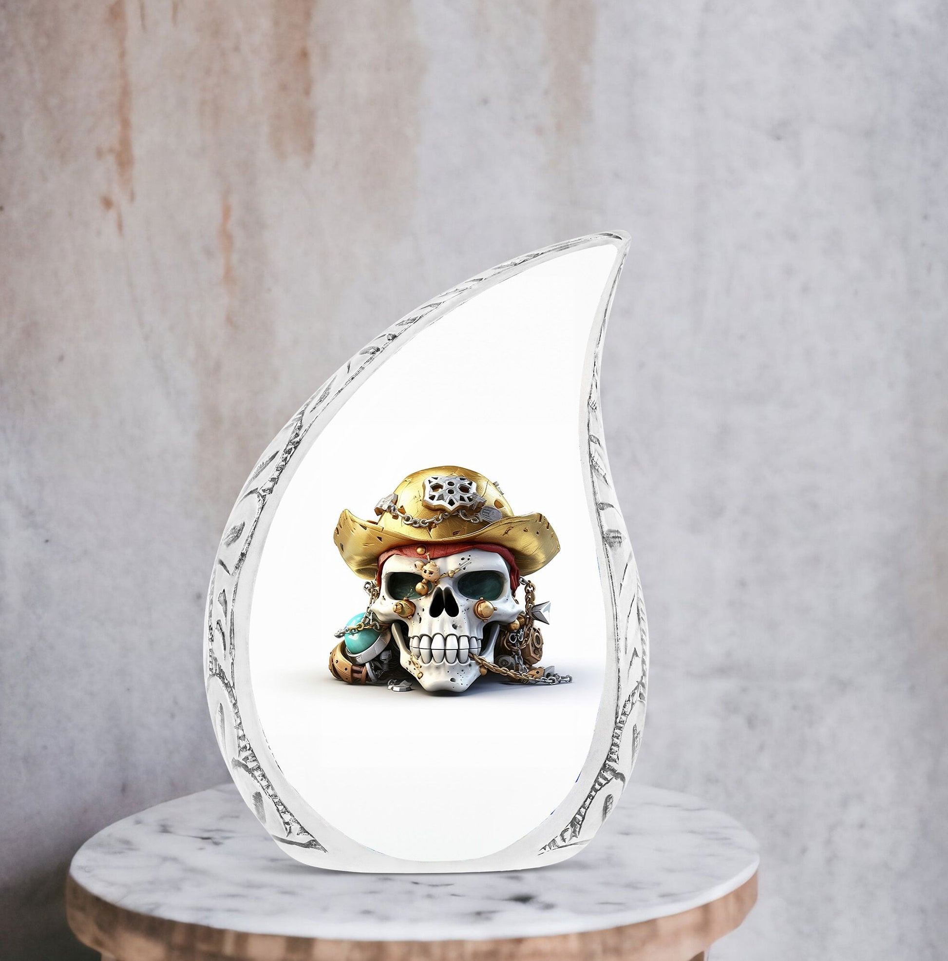 Large metal cremation urn featuring a skull with gold hat chain, ideal for women's burial purposes