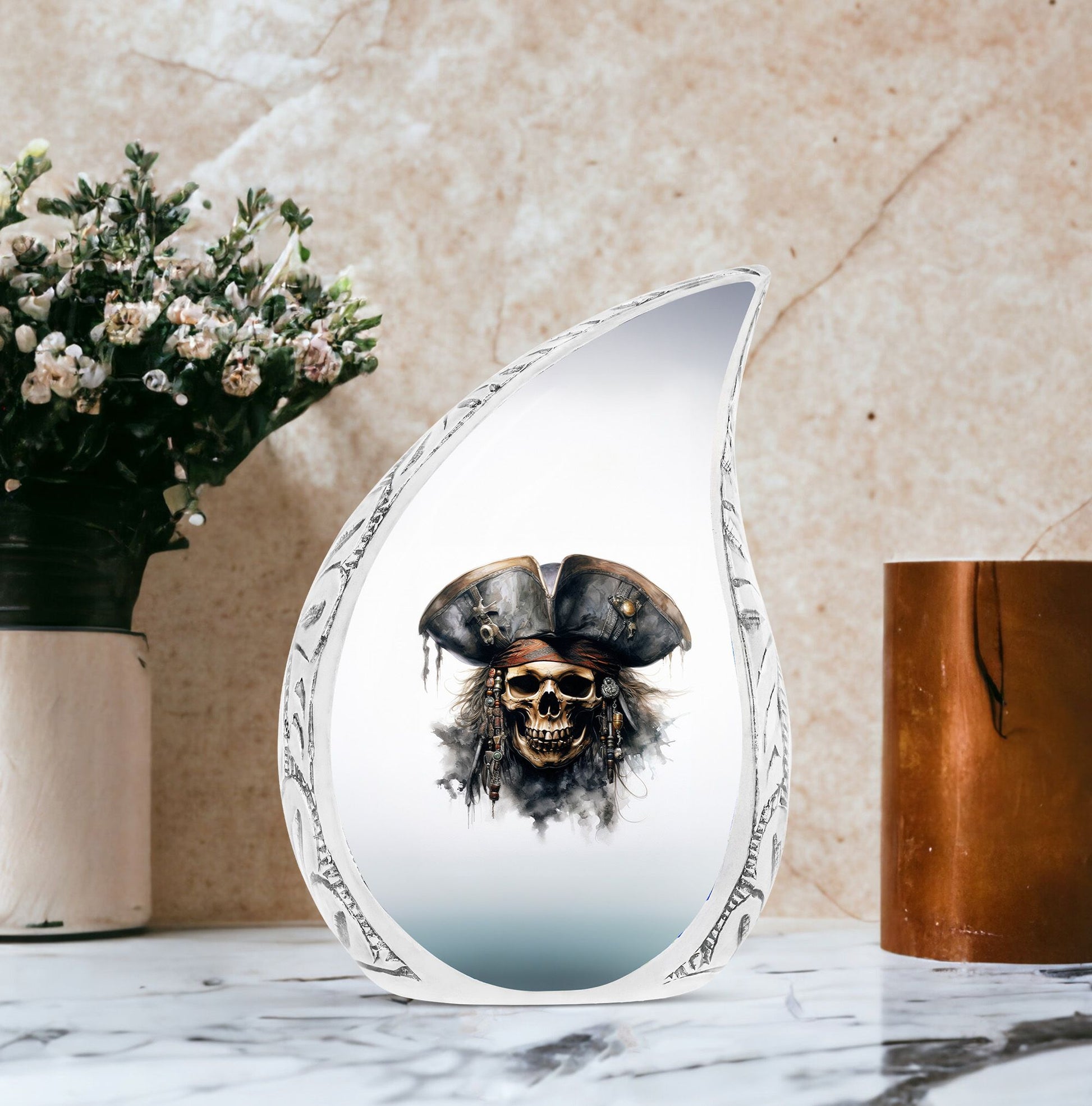 Large urn for human ashes with cat wearing flower crown design, ideal for adult female burial
