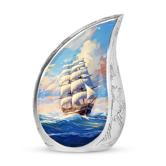Vibrant ship oil painting on a large cremation urn for human ashes, a perfect memorial for men