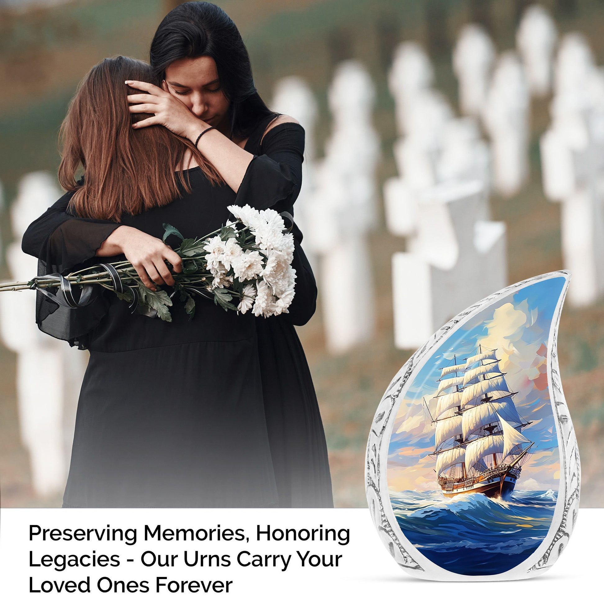 Vibrant ship oil painting on a large cremation urn for human ashes, a perfect memorial for men
