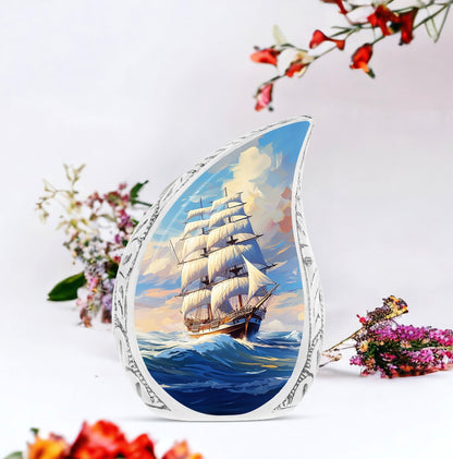 Vibrant ship oil painting on a large cremation urn for human ashes, a perfect memorial for men