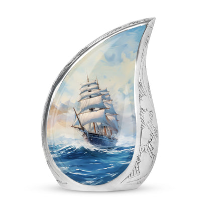 Large cremation urn for adults featuring ship oil painting art, suitable for women and men