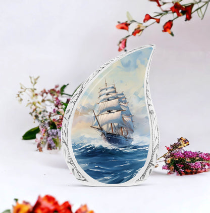 Large cremation urn for adults featuring ship oil painting art, suitable for women and men
