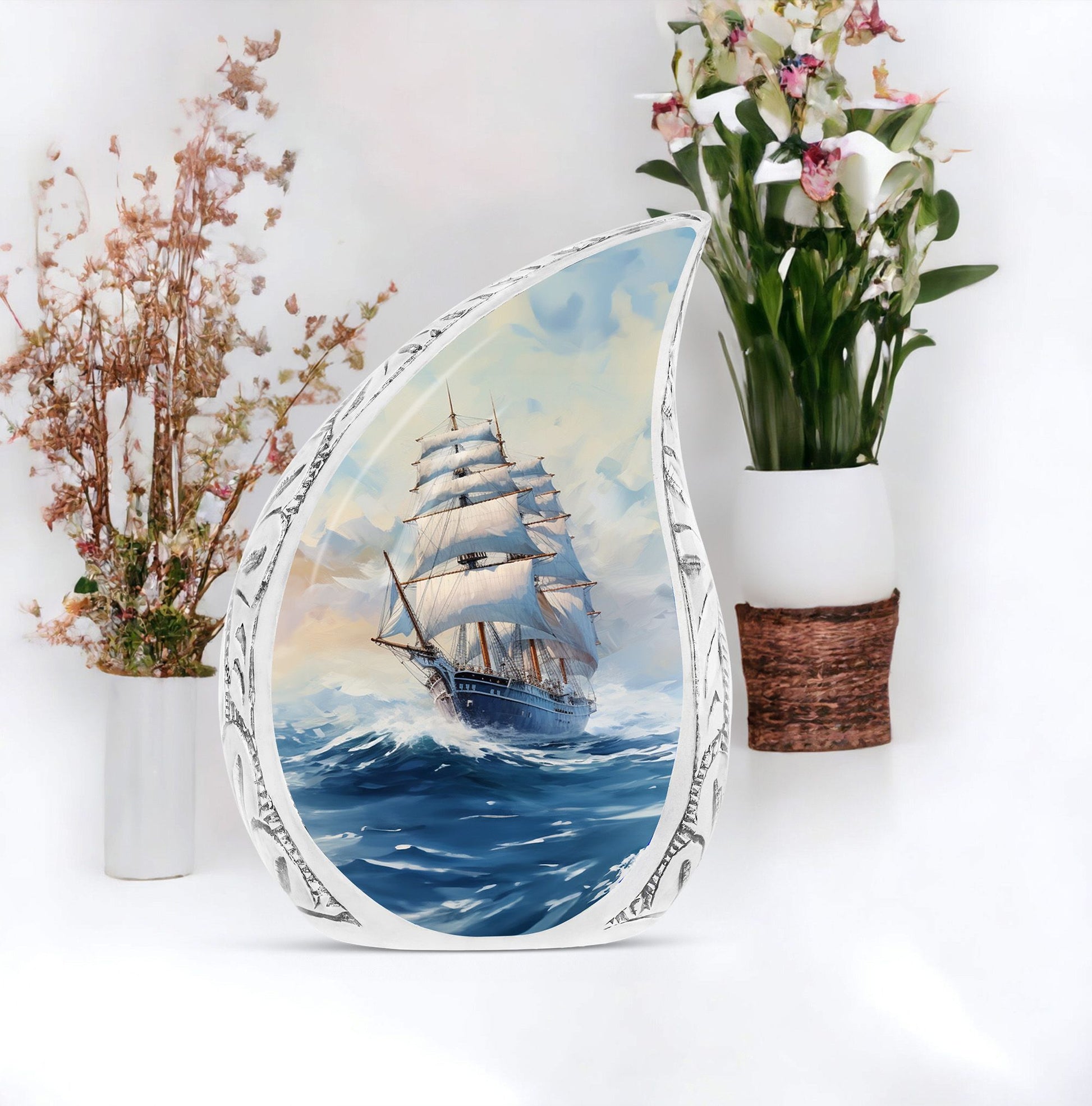 Large cremation urn for adults featuring ship oil painting art, suitable for women and men