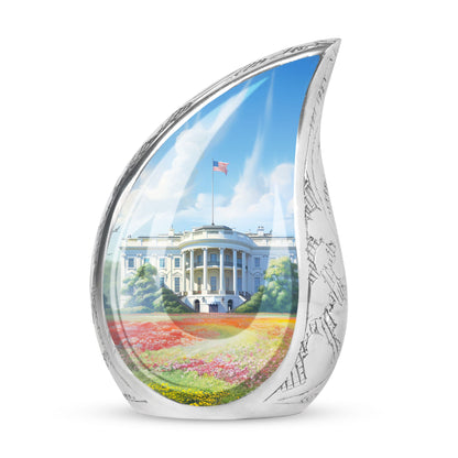 Large urn featuring a unique oil painting of the White House, suitable for funeral or human ashes burial