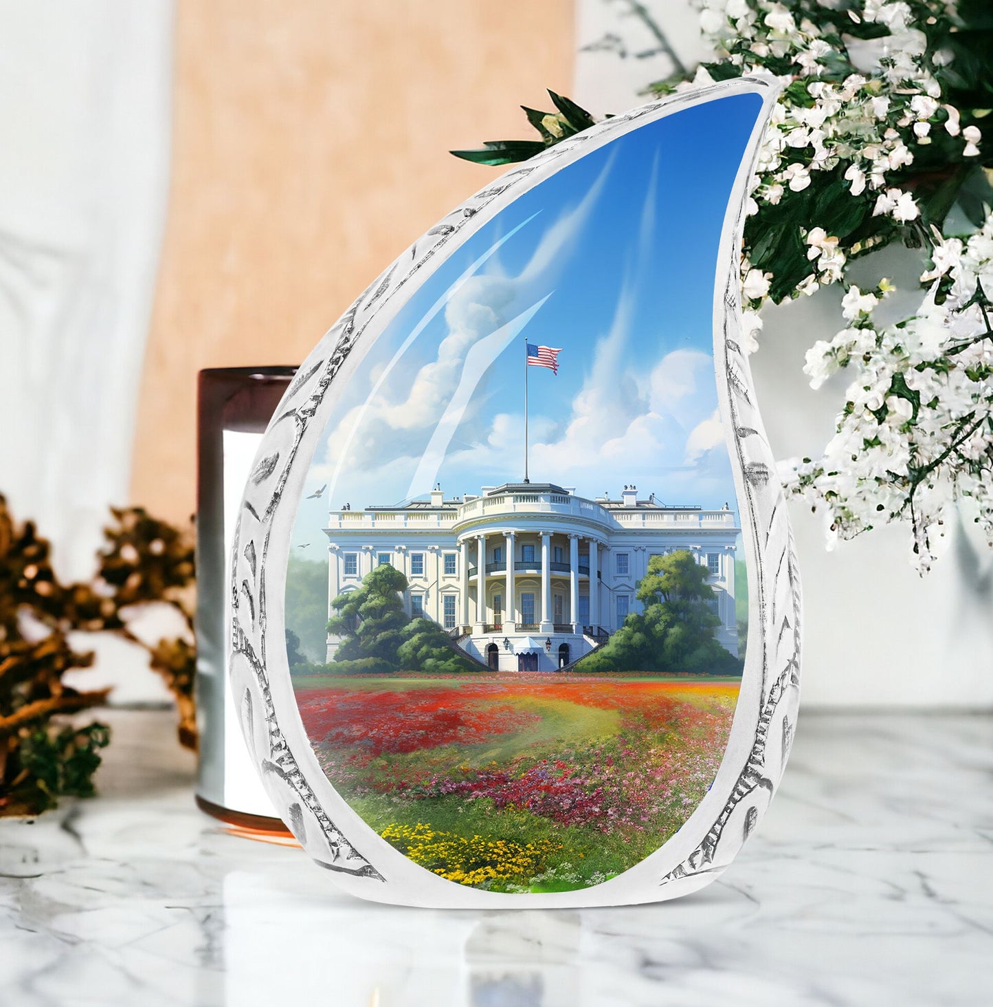 Large urn featuring a unique oil painting of the White House, suitable for funeral or human ashes burial