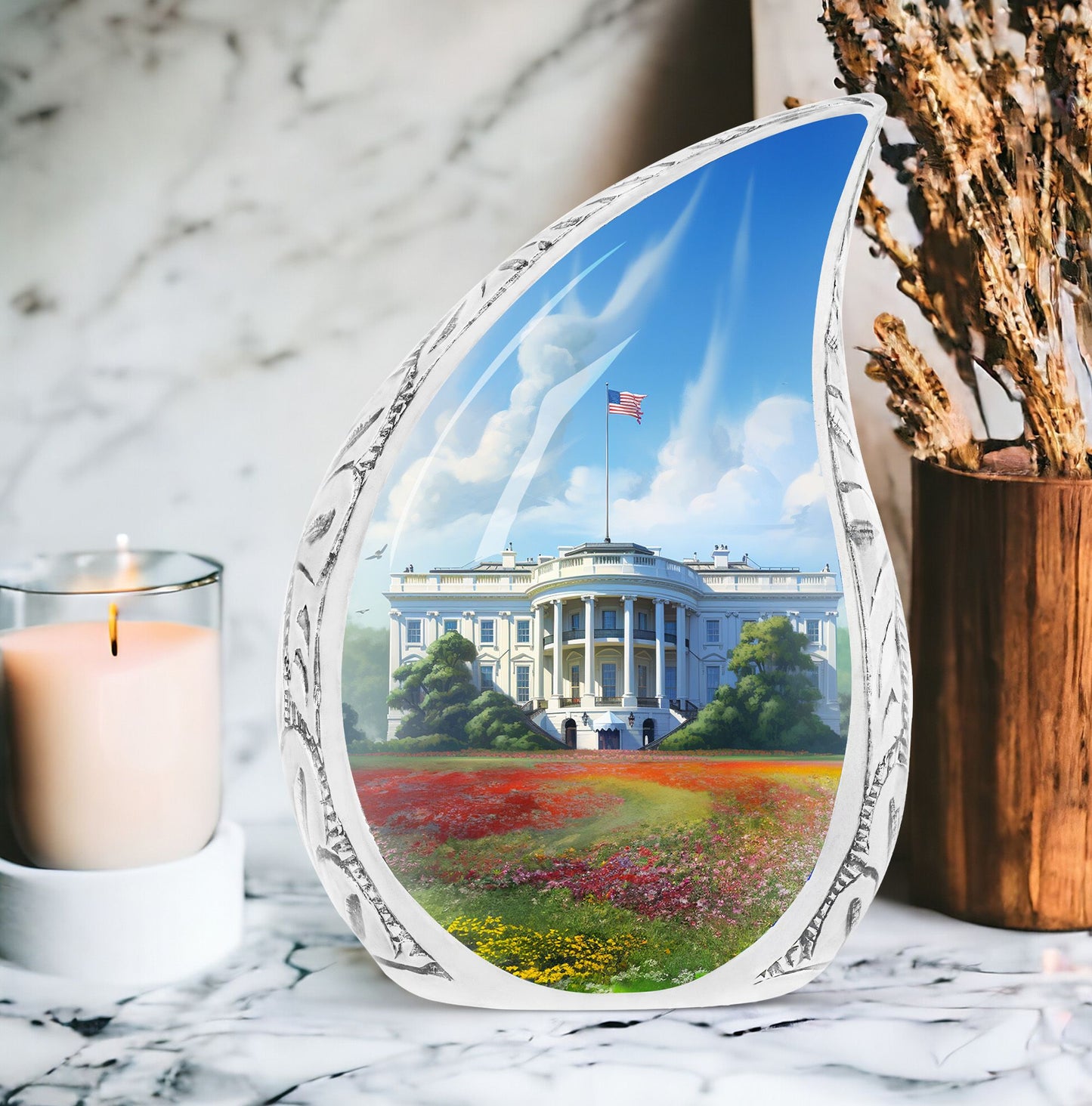 Large urn featuring a unique oil painting of the White House, suitable for funeral or human ashes burial