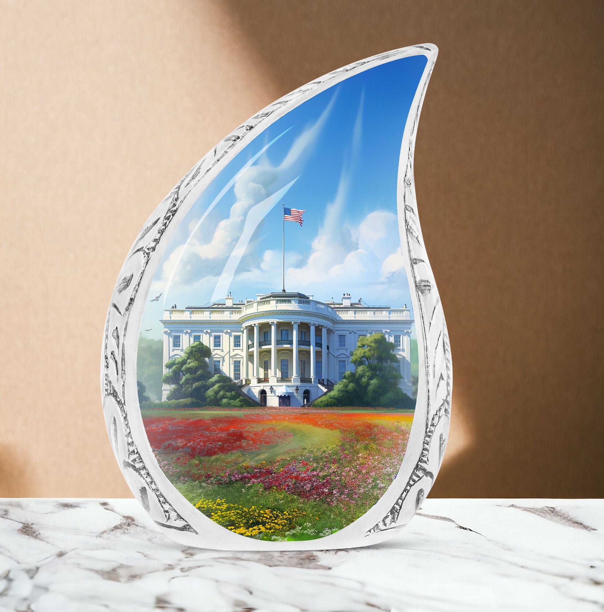 Large urn featuring a unique oil painting of the White House, suitable for funeral or human ashes burial