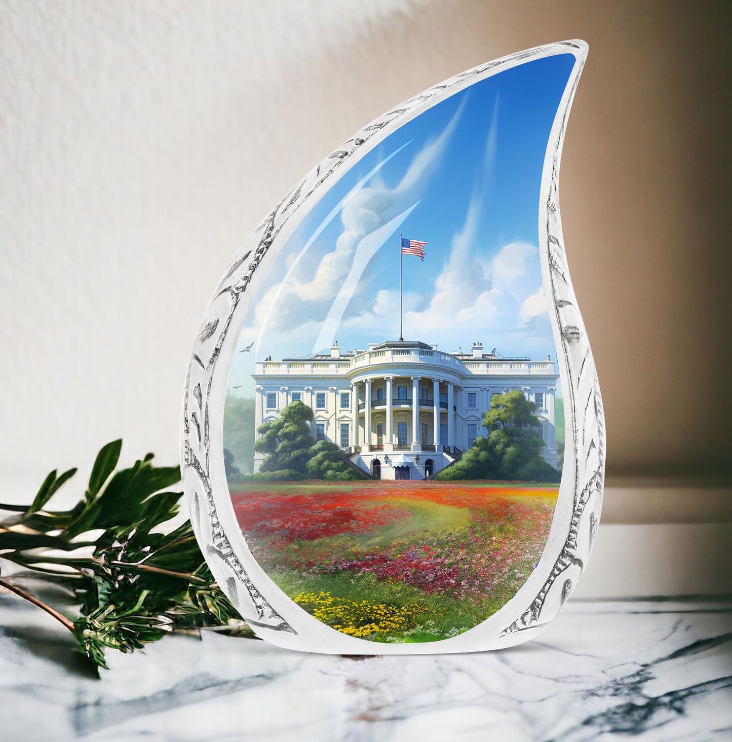 Large urn featuring a unique oil painting of the White House, suitable for funeral or human ashes burial