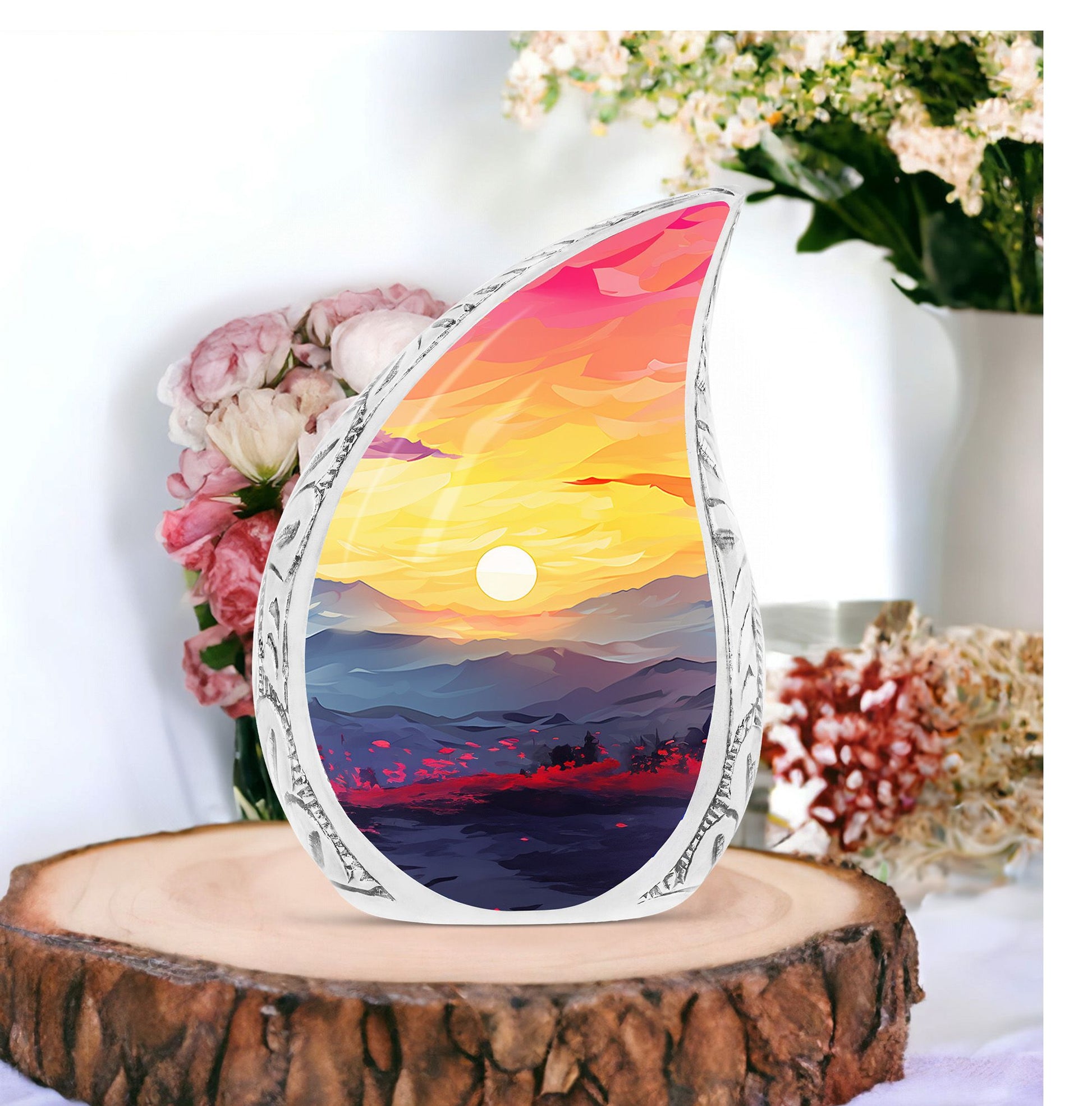 Teardrop style Mountains Urn for male burial, a unique and decorative gift for women. Cremation urn made of metal.