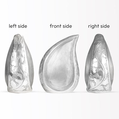 Large teardrop-shaped Mountains Urn meant for preserving adult human ashes, created from durable metal