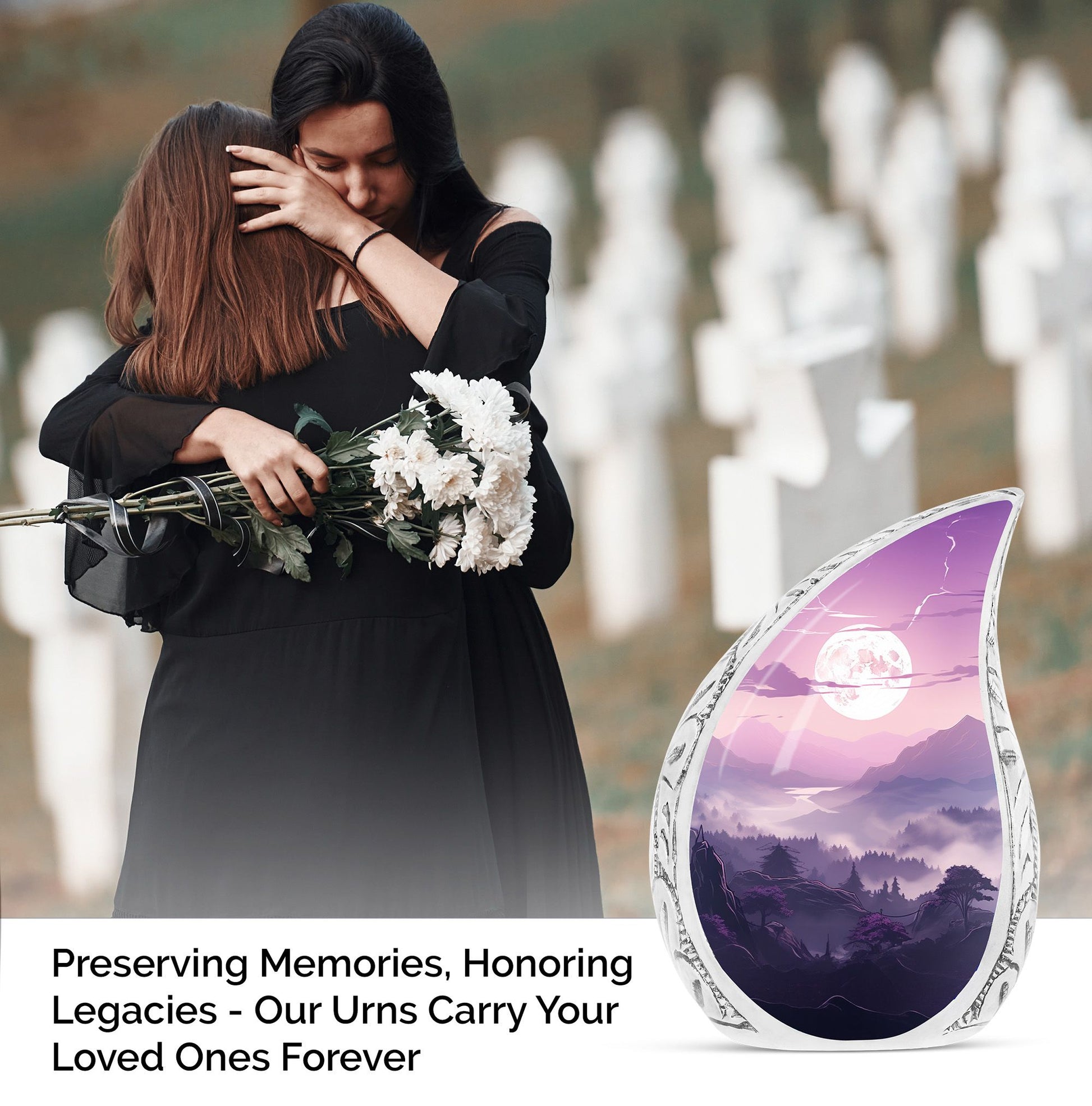 Teardrop cremation urn themed with mountains, ideal for storing dad's ashes. Suitable as a small funeral urn.