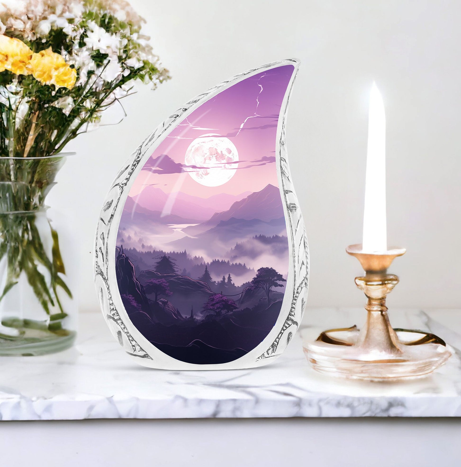 Teardrop cremation urn themed with mountains, ideal for storing dad's ashes. Suitable as a small funeral urn.