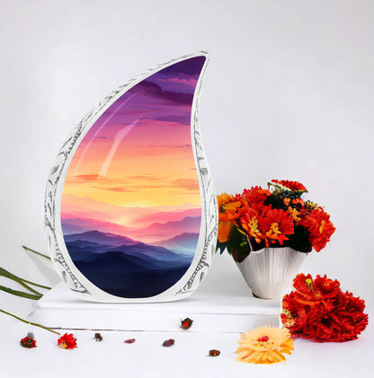 Tear drop shaped mountain urn for ashes, ideal for adult male cremation, functional as a funeral cremation urn or large companion urn