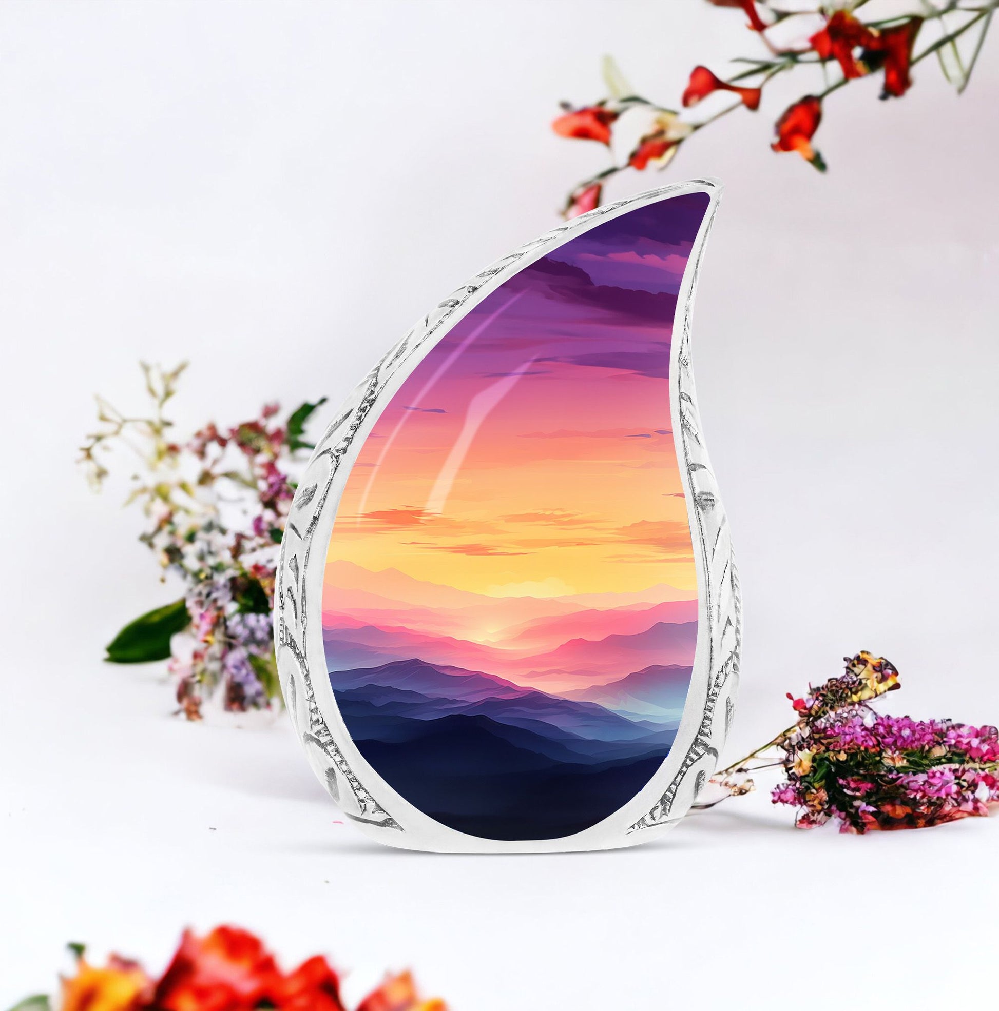 Tear drop shaped mountain urn for ashes, ideal for adult male cremation, functional as a funeral cremation urn or large companion urn