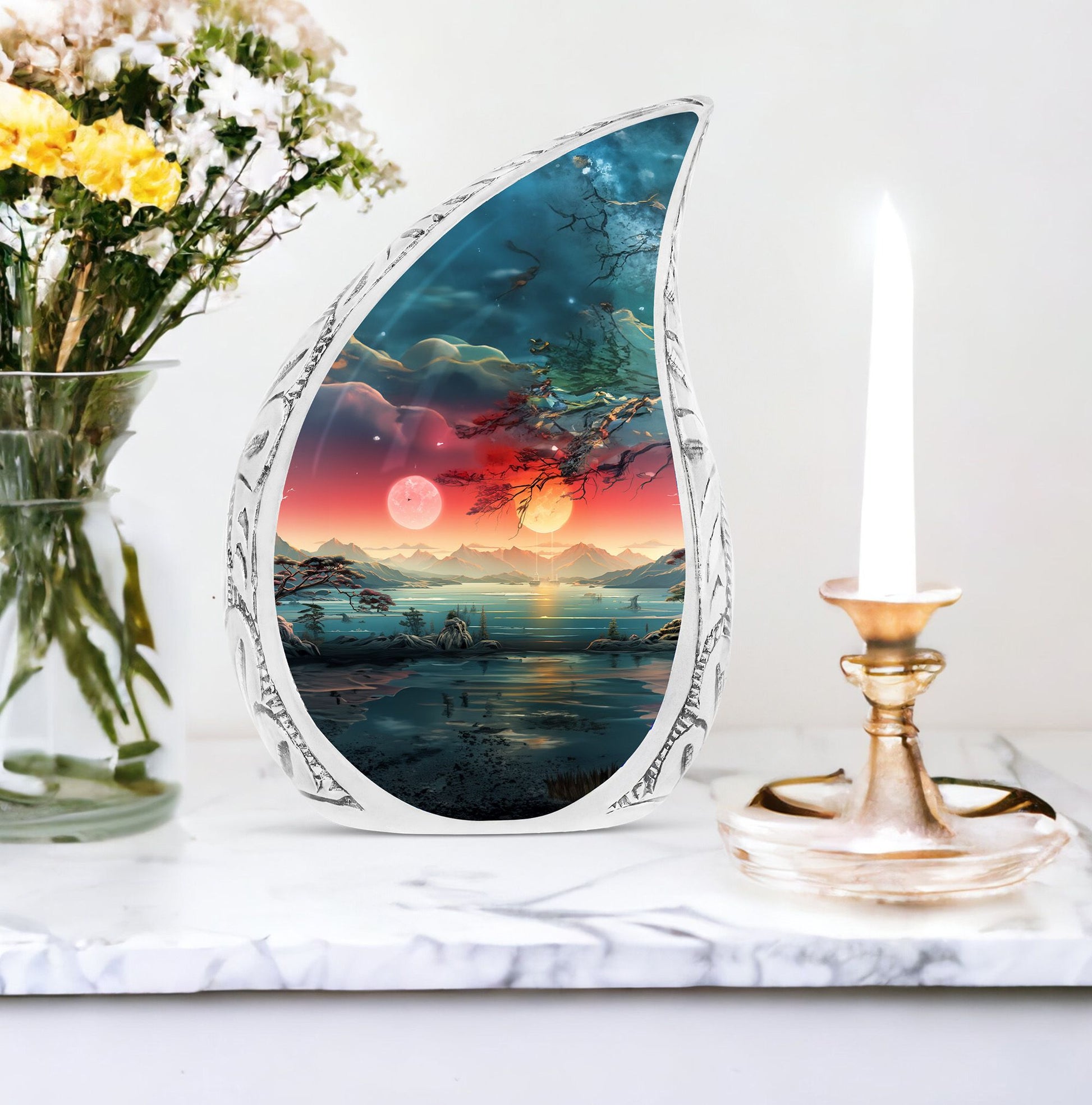 Large 'Sunset Majesty' urn fit for adult male human ashes, ideal for burial