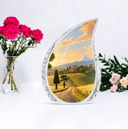 Large golden hour cremation urn for women's ashes, ideal for memorials and funerals.