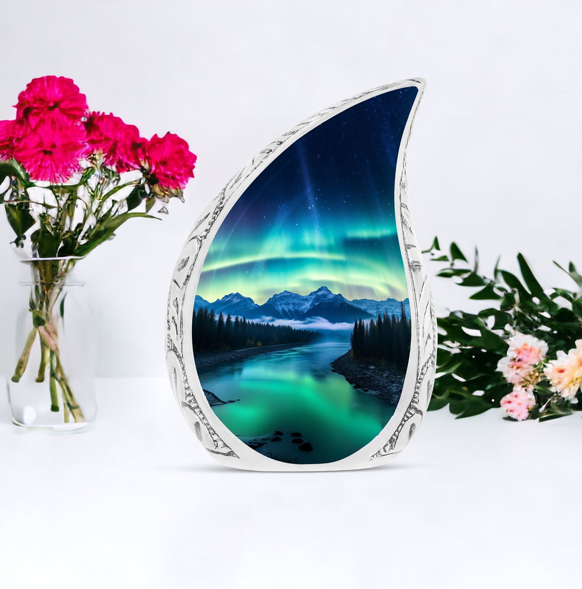 Large urn adorned with an illustration of the Aurora Borealis, suitable for adult female human ashes
