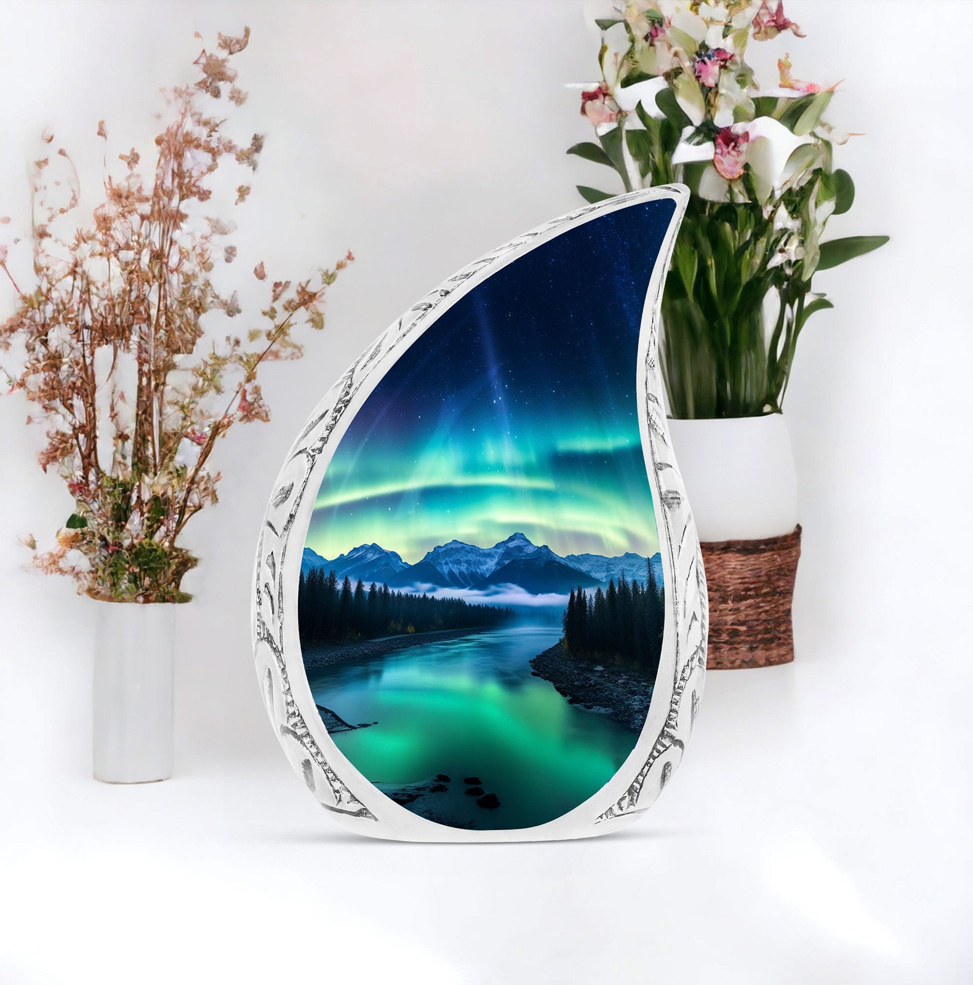 Large urn adorned with an illustration of the Aurora Borealis, suitable for adult female human ashes