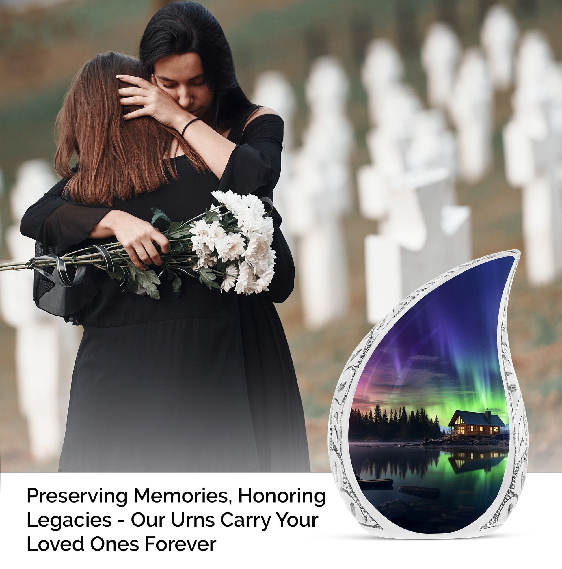 Unique large cremation urn with Aurora Borealis design, ideal metallic container for human ashes.
