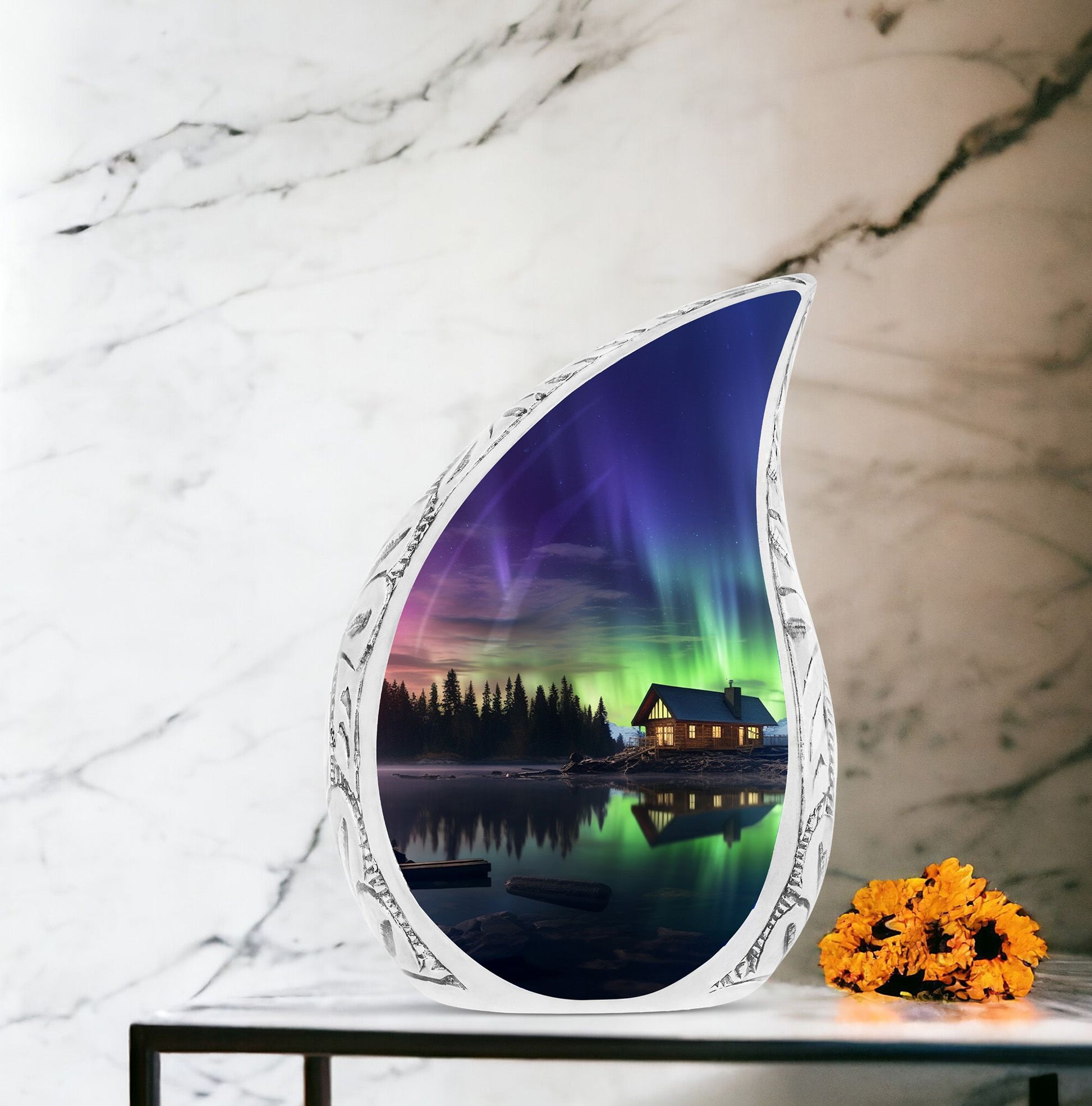 Unique large cremation urn with Aurora Borealis design, ideal metallic container for human ashes.